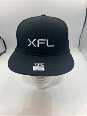 XFL Black Flat Brim Snapback Hat Cap Embroidered Logo Adjustable
